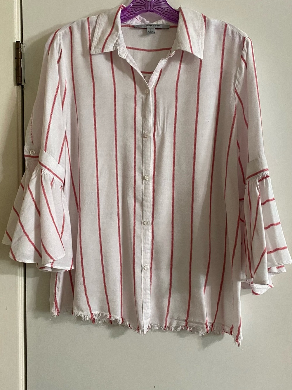 White & Pink Striped Button-Front Shirt with Ruffled Sleeves